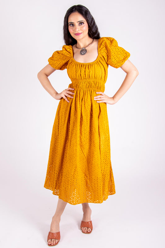 Naturally Dyed Mustard Summer Dress With Marigold Flower